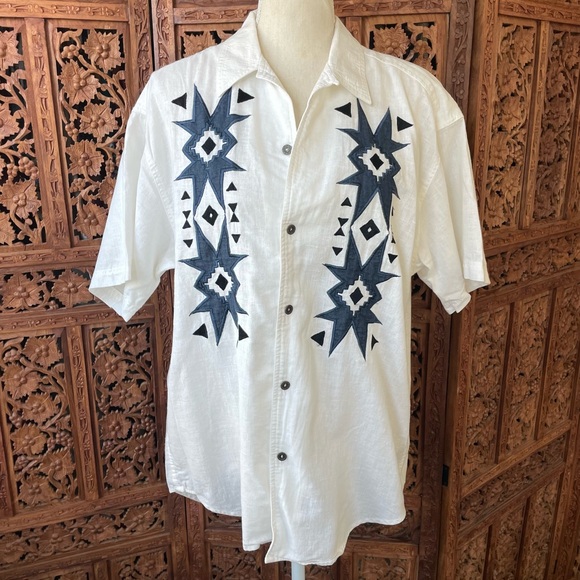 lizwear Other - White Embroidered Men's Short Sleeve Cotton Linen Shirt Western Aztec